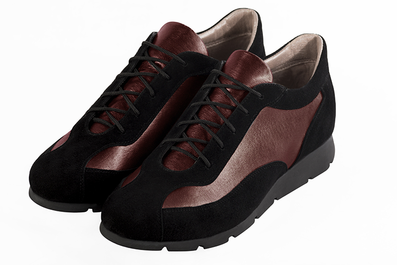 Matt black and burgundy red women's two-tone elegant sneakers. Round toe. Flat rubber soles. Front view - Florence KOOIJMAN